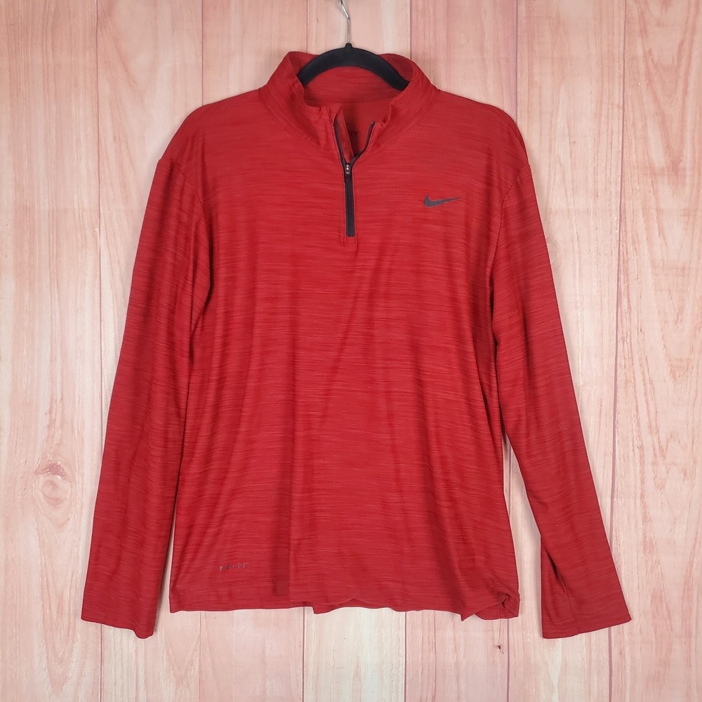 Nike Mens Pullover Shirt Medium Red Dri-Fit 100% Polyester 1/4 Zip Long Sleeve